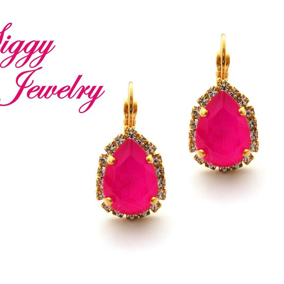 Electric Neon Pink Crystal Pear Shaped Halo Earrings, Hot Summery Pink Teardrops - Picture 5 of 5